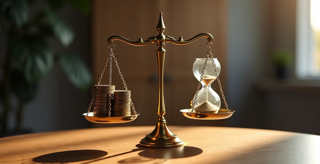 Balance de justice en équilibre avec pièces d'un côté et sablier de l'autre dans un bureau moderne