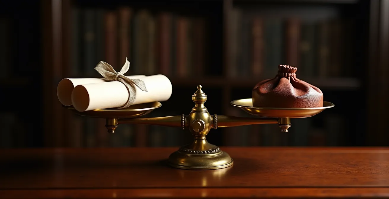 Balance de justice avec documents de retraite d'un côté et billets euros de l'autre, symbolisant l'équilibre compensatoire