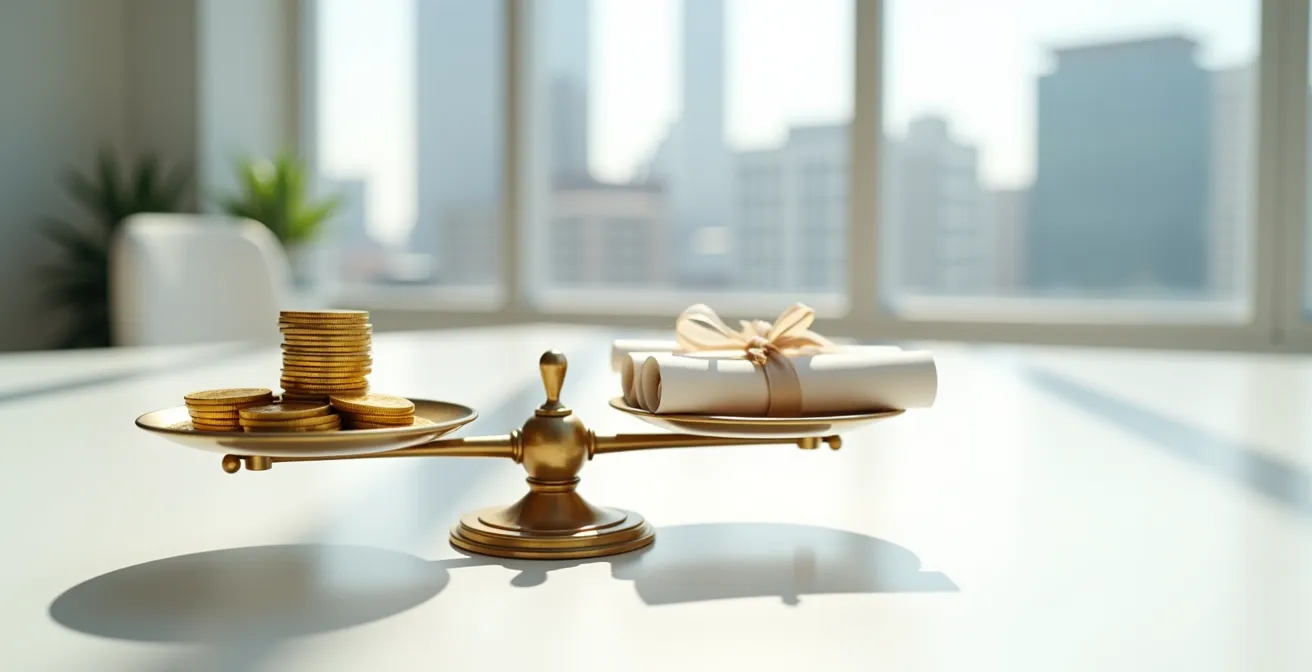 Balance symbolique comparant le coût du rachat et le gain de pension