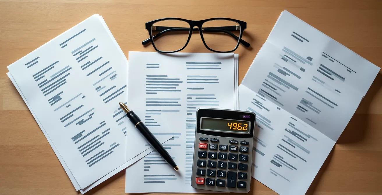 Calculatrice et documents de frais réels sur un bureau organisé