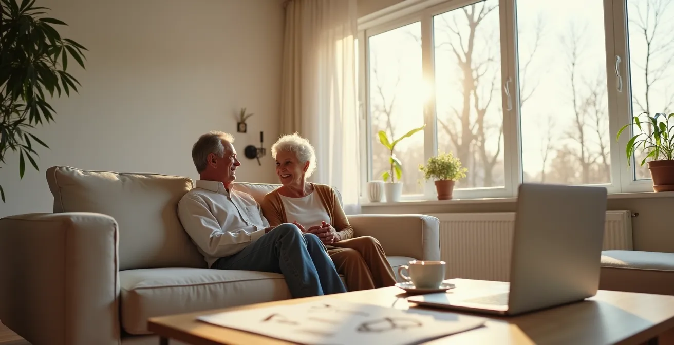 Couple de seniors discutant ensemble de leur budget dans un salon chaleureux