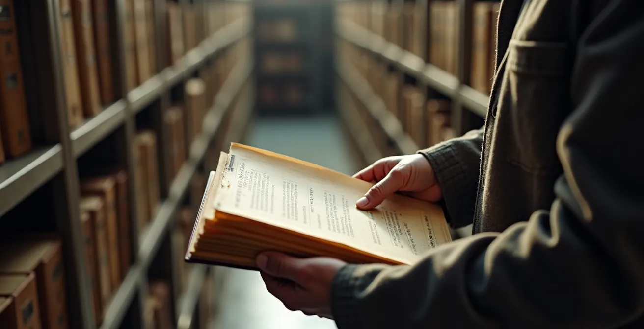 Bureau d'archives avec rangées de dossiers militaires anciens et une personne consultant un registre