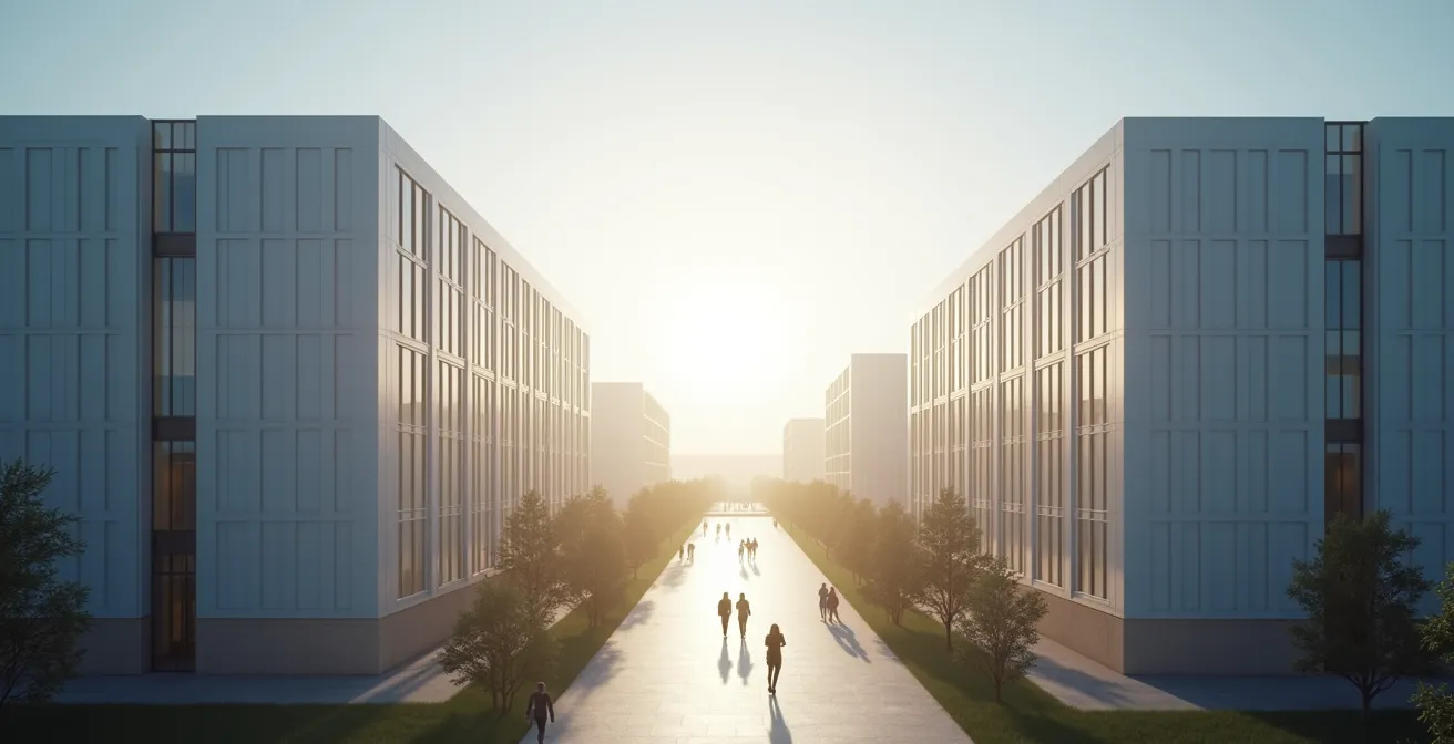 Vue aérienne minimaliste de deux bâtiments administratifs séparés symbolisant la déconnexion des systèmes