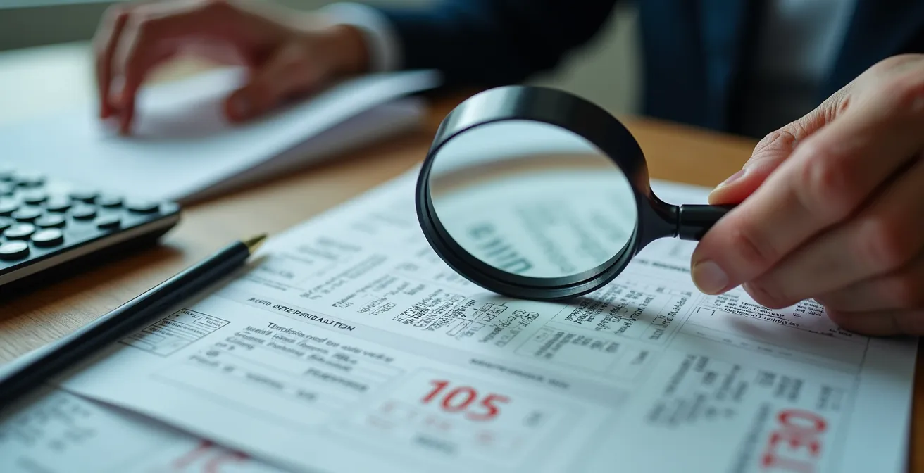 Senior examinant attentivement des documents officiels avec une loupe sur un bureau organisé