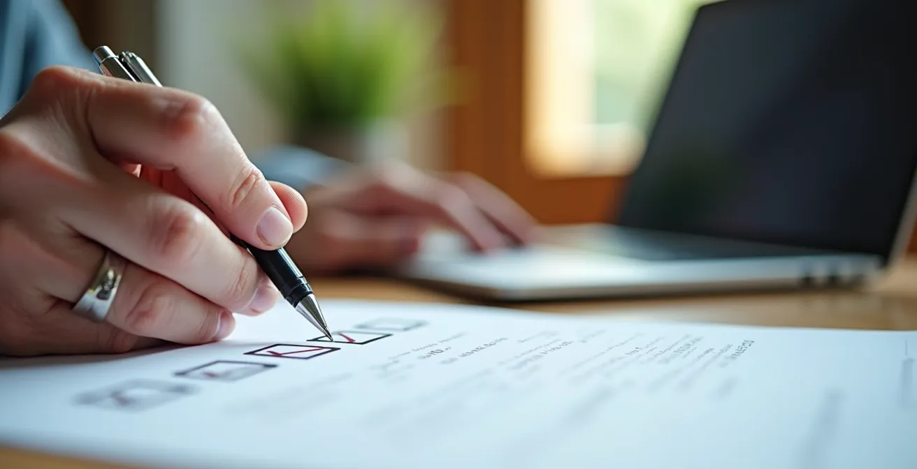 Mains de senior prenant des notes sur papier avec ordinateur portable en arrière-plan flou