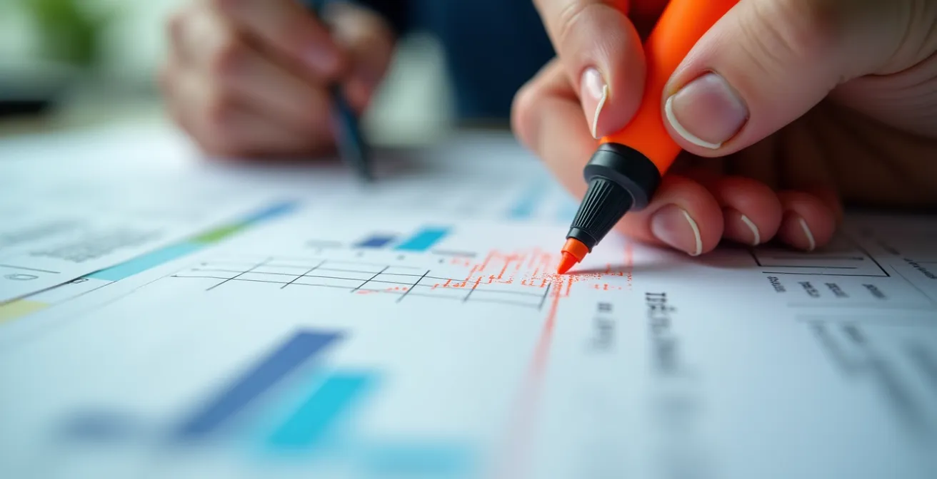 Gros plan sur des mains annotant un relevé de carrière avec un surligneur